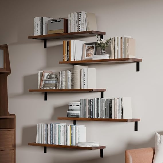 10x36 inch Farmhouse Walnut Floating Book Shelf,5-Pack Bookshelves Long Wall Shelf,Solid Wood Large Bookcase for Living Room, Kitchen