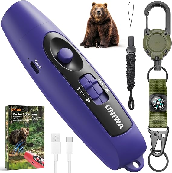 UNIWA Electronic Air Bear Horn, 1205 dB Loud Air Horn for Safety Hiking Camping Emergency Whistle with Compass & Retractable Hook, Bear Horn to Scare Bears - Self Defense for Hiking
