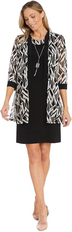 R&M Richards Women's 2-Piece Puff Print Power Mesh & ITY Swing Jacket Dress with Necklace, Formal Day to Evening Wear