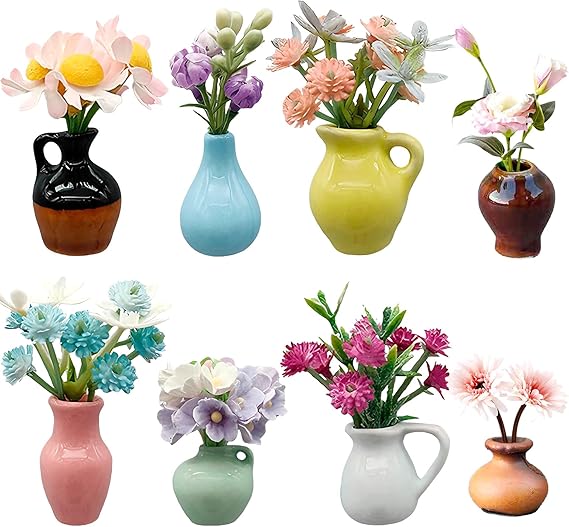 8 PCS Mini Ceramic Vase Magnets for Fridge, Cute Mini Vase Magnets for Fridge, Tiny 3D Plant V ase for Decoration Kitchen Locker Kitchen Office (8PCS-A)