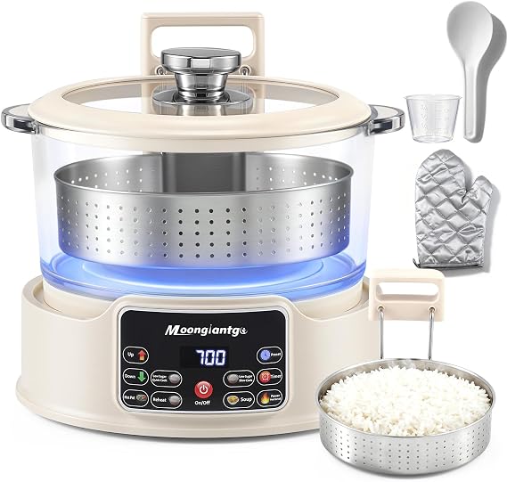 Moongiantgo Low Carb Rice Cooker 3L with Auto Lift Filter Basket, Glass Pot