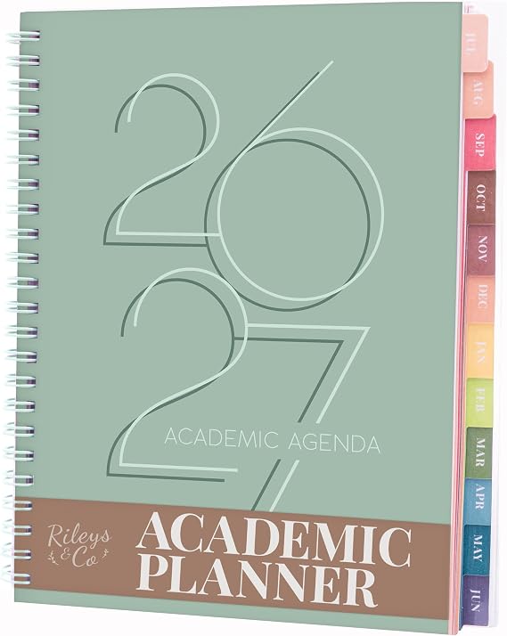 Rileys Academic Planner 2026-2027, Daily, Weekly & Monthly Planner, July 2026 - June 2027, Student Notes Pages, Twin-Wire Binding, Weekly Agenda for School & Work (8 x 6-Inches, Deco, Green)