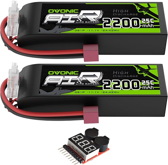 OVONIC 3S Lipo Battery 25C 2200mAh 11.1V Lipo Battery with Dean-Style T Connector for RC Airplane Helicopter Quadcopter RC Car Truck Boat(2 Packs)(with Lipo Voltage Checker)