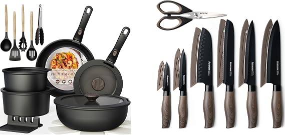 Astercook Non Stick RV Pots and Pans Ceramic Kitchen Cookware Set and Astercook 13-Piece Kitchen Knife Set with Black Anti-Rust Coating Stainless Steel Chef Knives Set