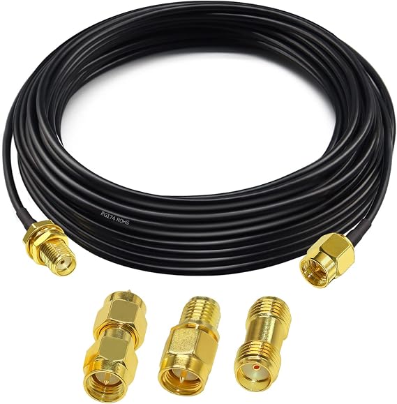 TUOLNK WiFi Antenna Extension Cable,33FT(10M) SMA Male to Female RG174 Coaxial Cable+3PCS SMA Adapter Set for 4G LTE Router, PCIe Network Card, RTL-SDR USB Dongle Adapter, GPS/WiFi/SDR Equipment etc