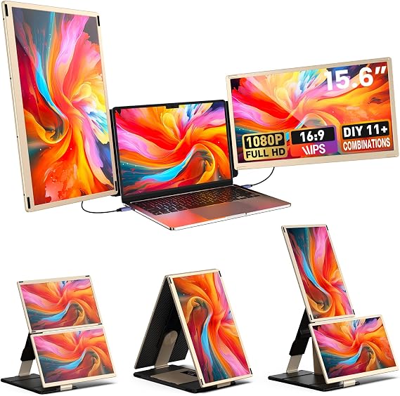 Laptop Extender 15.6 inch, 1080P FHD Portable Monitor 120% sRGB, 235 Rotation Removable Screen, Plug and Play, Triple Screen Laptop Monitor Extender for Windows, Mac, Chrome
