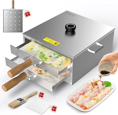 PYY Rice Noodle Roll Steamer Machine - 3 Trays and 2 Layers Cheung Fun Changfen Maker for Chinese Cantonese Cuisine, Complete with Extra Stainless Steel Holed Steam Tray and Long Wooden Handle