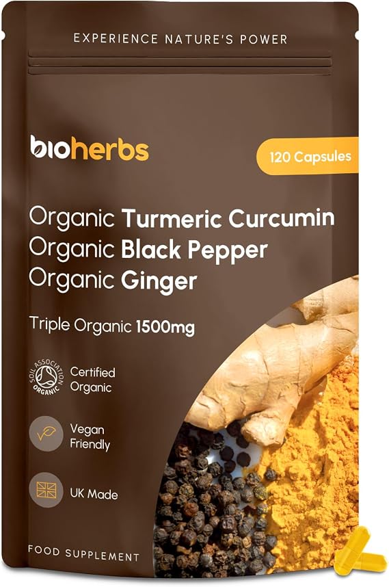 Organic Turmeric Capsules 1500mg with Black Pepper & Ginger | High Strength Turmeric Supplement by BioHerbs | 120 Capsules (2-Month Supply)
