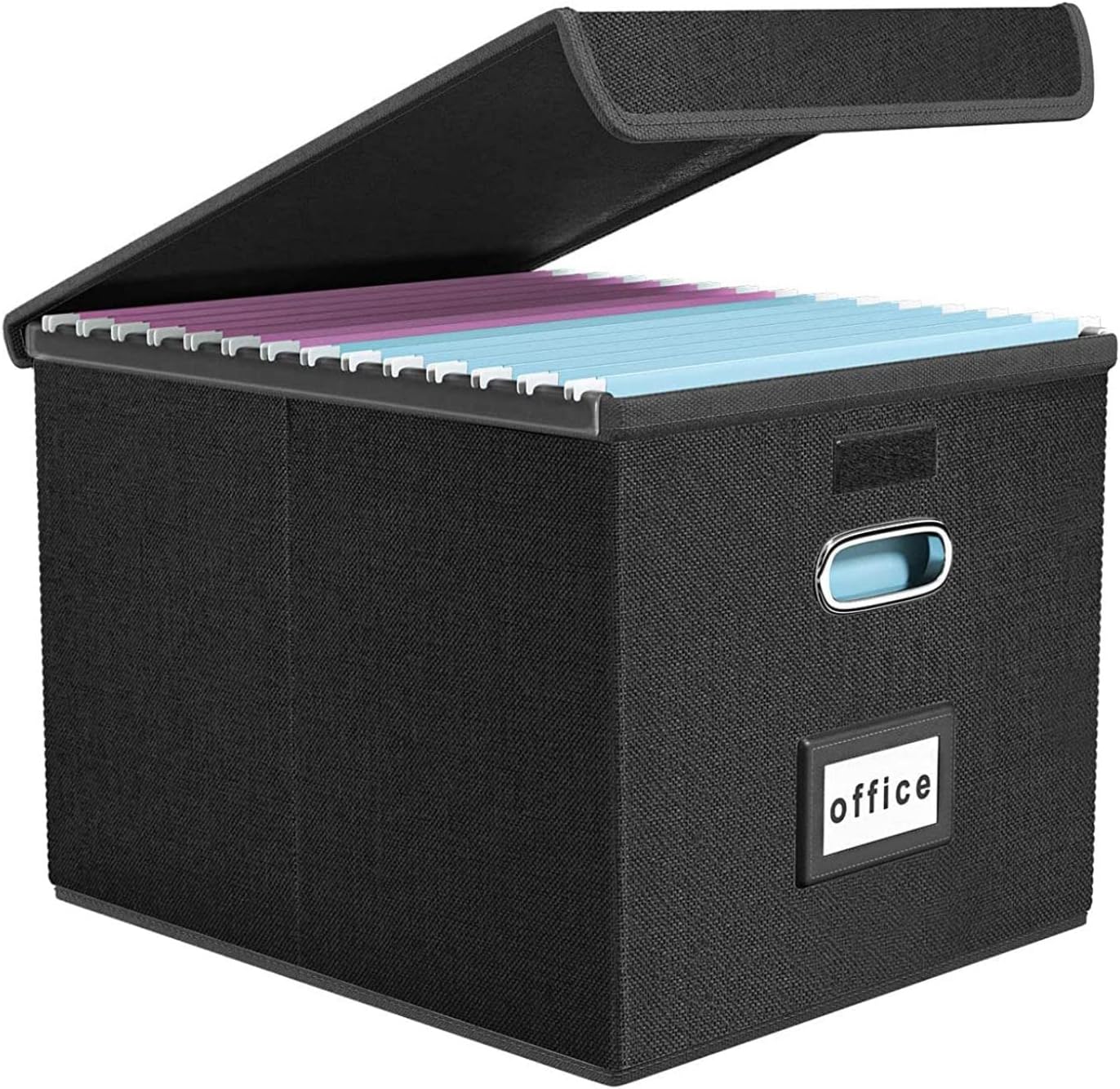 Finew Upgraded Portable File Organiser Box with Lid, Foldable Linen Hanging Filing Storage Boxes with Plastic Slide, Decorative HomeOffice Filing System for File and Folders Storage Black