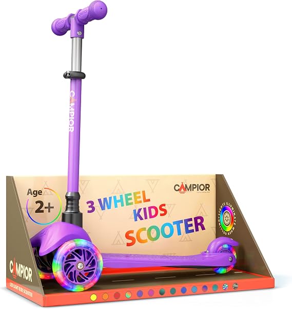 Purple Mini 3 Wheel Scooter for Kids Lean-to-Steer with LED Light-Up Wheels, Adjustable Handlebar, Wide Anti-Slip Deck, Smooth PU Wheels, Rear Foot Brake Toddler Scooter for Ages 2+