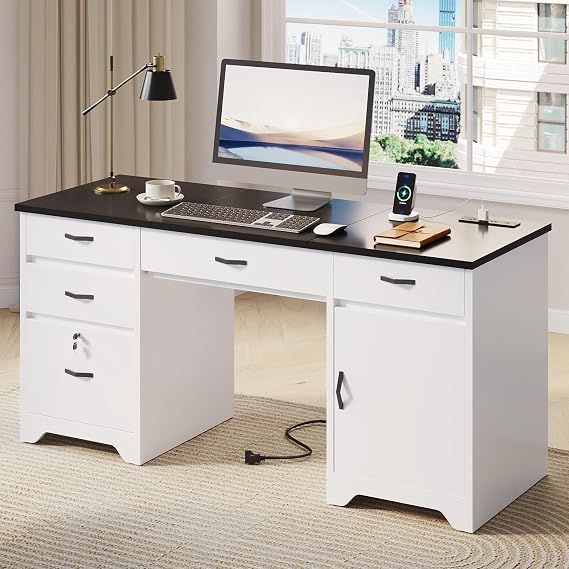 Bestier 59 Office Desk with Lockable Drawers, Modern Computer Desk with File Drawer, Charging Station & Drop-Front Keyboard Drawer, Executive Desk with Storage Cabinet for Home Office & Studio, White