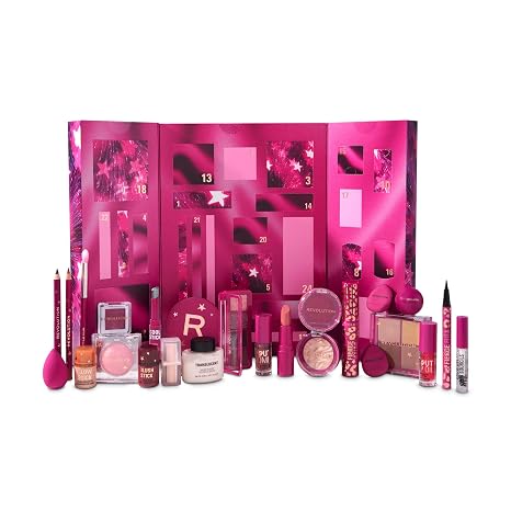 Revolution Makeup Advent Calendar 2025 24 Beauty Must-haves Gift Set with Lip Gloss Highlighter Blush Brushes & Mascara Vegan and Cruelty Free