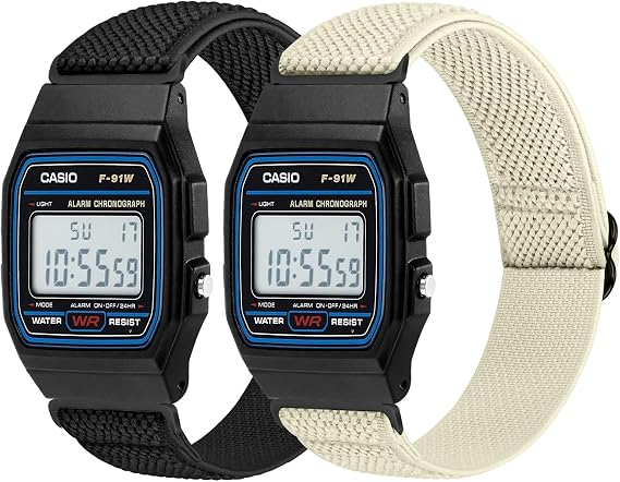Elastic Watch Straps Compatible with Casio F-91W/F-84/F-94/F-105/F-108/AE-1200/W-217H/W-218H/A-158W/A-168W/SGW-300H/W-800H, Adjustable Stretchy Sport Strap Comfortable Nylon Replacement Band