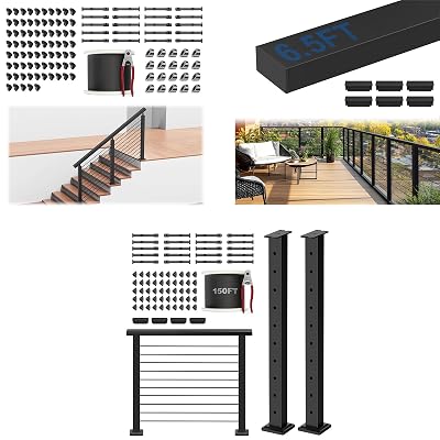 36 Complete Set Stair Cable Railing Post Kits, Wire Railing System Includes 2Pack Level Drilled Posts, 3Pack Stair Posts, 4.5FT&6.5FT Cable Handrail, 350FT Wire Rope, Swageless Cable Railing