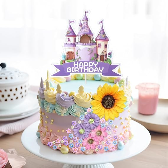 AceOrbit 66 Pcs Cartoon Princess Cake Toppers Set Purple and Gold Princess Themed Birthday Party Decorations Easy to Use Happy Birthday Cake Decorations for Magical Fairytale Party Supplies