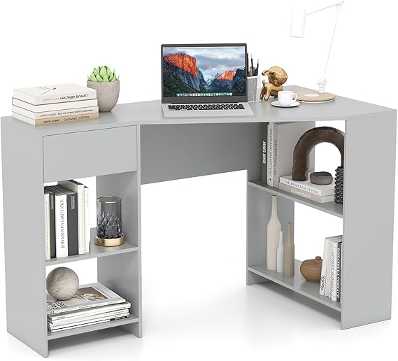 COSTWAY L-Shaped Computer Desk, 120cm Corner Study Workstation (Grey)
