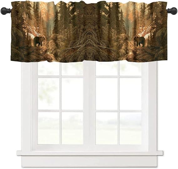 Rustic Cabin Valance Curtains Blackout Funny Bear Forest on Brown Wooden Board Window Valance Animals Window Treatments for Kitchen Bathroom Bedroom Living Room 54 X 18 Inch, 1 Panel