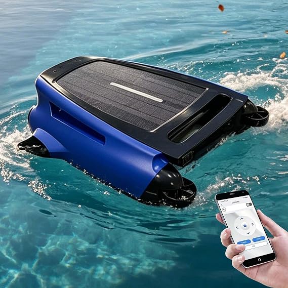 Robotic Pool Skimmer Solar Powered Cordless,Automatic Pool Skimmer 24/7 Continuous Cleaning Power, 200m2 Coverage, Shallow Water Safeguard 3.8l Basket-No More Stuck Corners Blue