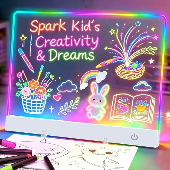 LED Drawing Board for Kids 16-Inch Rechargeable, 9-Color Light Modes | Neon Art Dry Erase Light Up Doodle Glow Pad, Sketching Birthday Gift Toy for Kids/Girls/Teens, 7 Markers Tracing Book