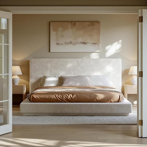 King Size Cloud Upholstered Bed Frame with Headboard,Air Frame Platform Bed with Sliding 2 Bedside Table & Recessed Base, 5.1" Foam Cushioned, No Box Spring Required, Easy Assembly, White