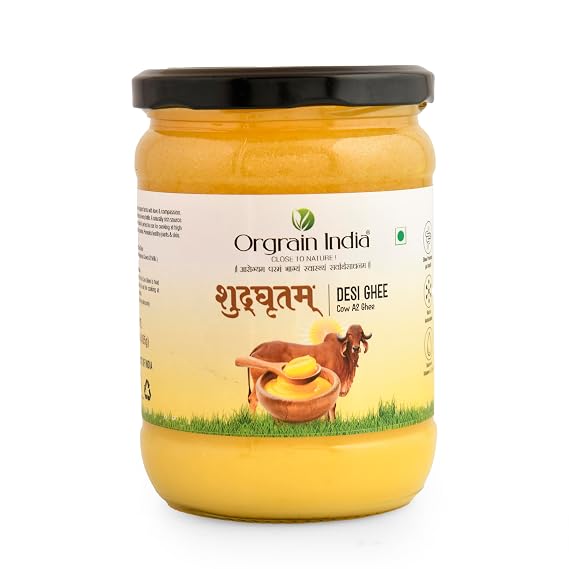 Orgrain India A2 Desi Cow Ghee (500 ml) | Traditional Bilona Method A2 Desi Cow Ghee | Clarified Butter | Pure Brijwasi Ghee | Lab Tested | Perfect Aroma & Danedar Ghee | Grass Fed, Stress Free Cattle | Pure and Healthy Desi Cow Ghee (Glass Bottle - 500 ML)