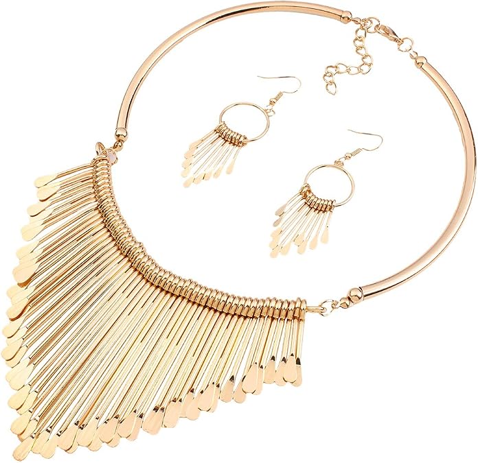 YAZILIND Women Ethnic Style Tassel Drop Pendant False Collar Statement Necklace Earrings Set