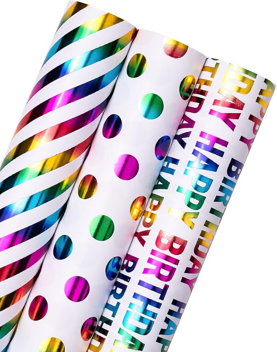 RUSPEPA Birthday Wrapping Paper Roll - Mini Roll - 3 Rolls - 43.2cm x 3.05m Per roll - Colorful Foil Birthday Design for Party, Holiday, Baby Shower