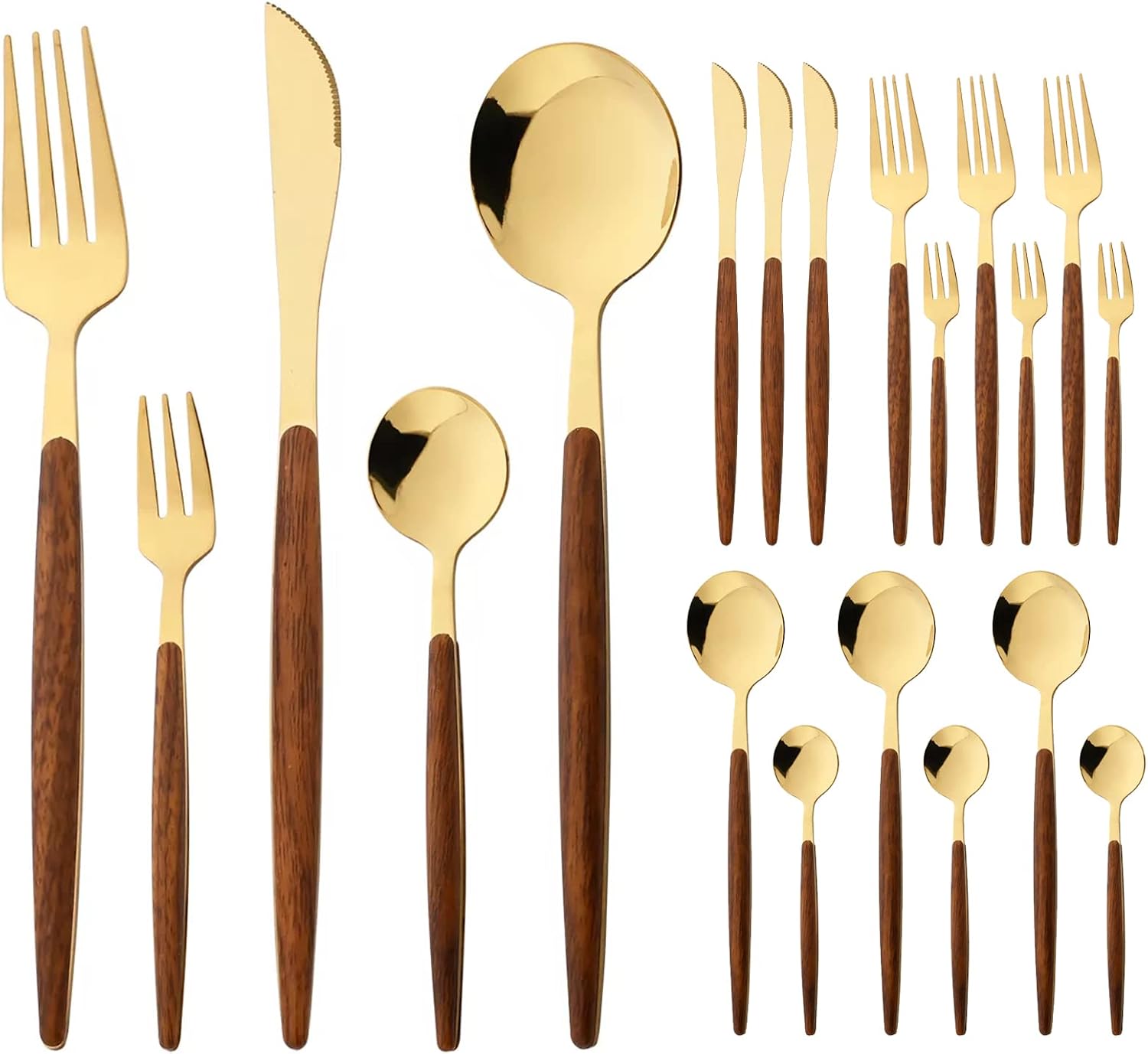 20-piece Wood Silverware Set for 4, Include Knife Fork Spoon, Stainless Steel Flatware Set with Wooden Handle, Mirror, Dishwasher Safe, for Home Kitchen Travel - Round Handle Gold