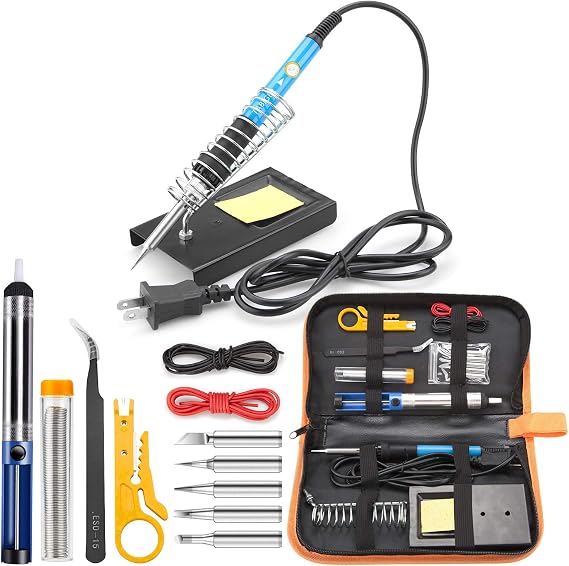 Soldering Iron Kit 15 In 1, 60W 110V Adjustable Temperature Welding Tool with Solder Tips, Solder Wire, Desoldering Pump, Tweezers, Stripper Cutter, Tool Bag