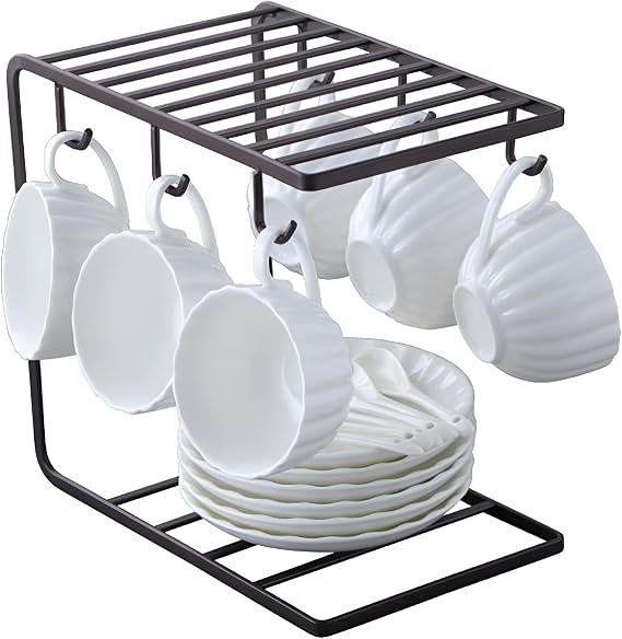 Metal Mug Tree Holder Stand for Counter 6 Hooks Coffee Cup Display Hanger Rack Organizer for Kitchen Cabinet - Brown - 9.5 x 9.1In