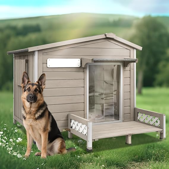 Large Wooden Outdoor Dog House with Porch, Weatherproof Dog Houses with Adjustable Vent Windows, Chew-Resistant Frame, Removable Floor for Medium & Large Dogs (43.5" L x 29.5" W x 33.5" H)