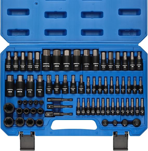 EMENTOL 71-Piece Torx Bit & Hex Bit Socket Set, Master SAE/Metric Bits, 1/4", 3/8" and 1/2" Drive, S2 Alloy & CR-V Steel, Includes External Torx E4-E24, Socket Adapter & Drill Adapter