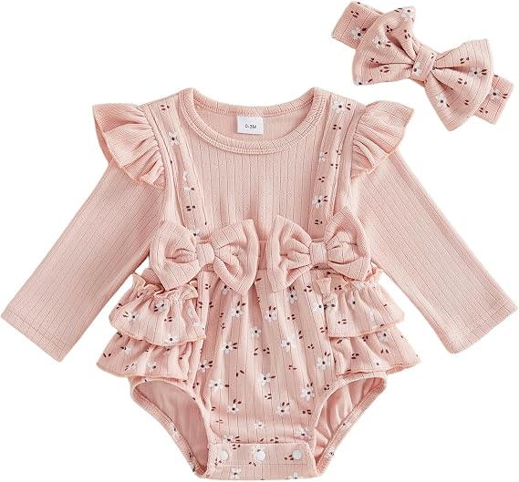 Newborn Spring Autumn Clothes Baby Girl Romper with Headband 0-18M