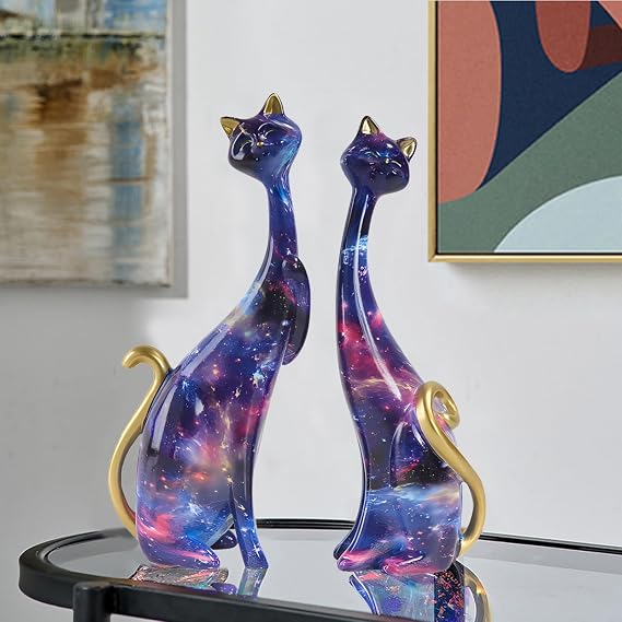 Unique Resin Cat Statue for Cat Lovers - Perfect Decoration for Home and Office (Graffiti) (Blue and Purple)