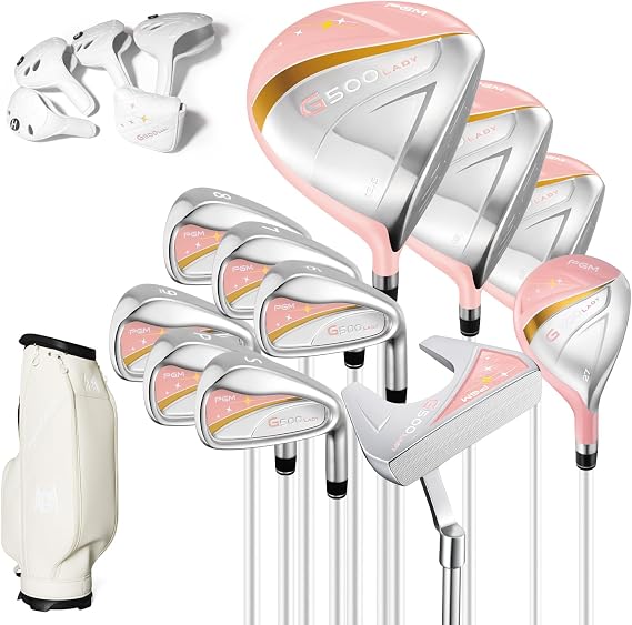 PGM Women's Golf Clubs Full Set for Right Handed with Head Cover and Bag | Coral Pink Lightweight and Forgiving Lady Flex Golf Set with Driver Iron Wedge Putter for Beginner to Intermediate Golfers