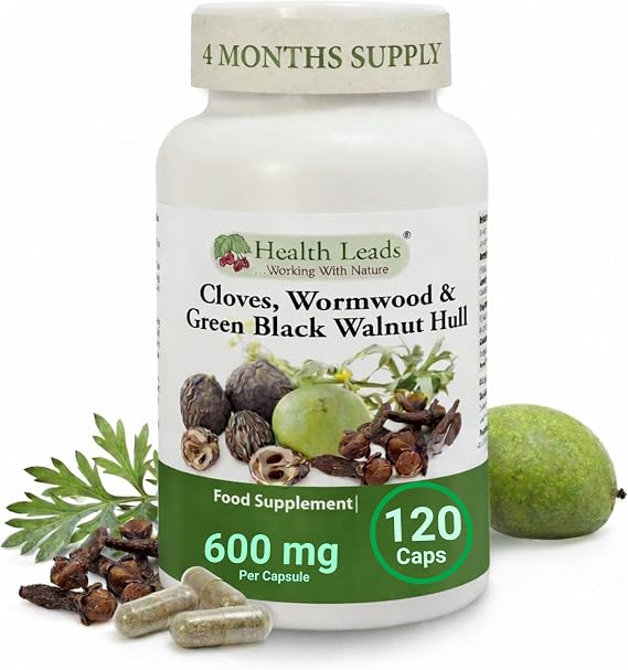Wormwood Green Black Walnut and Clove 600mg | 120 Vegan Capsules | for Humans | Gut & Digestive Support | Additive Free | Health Leads
