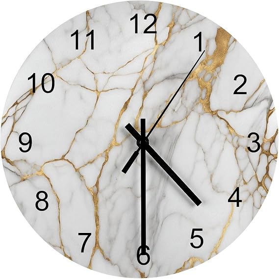 Marble Wall Clock Silent Non Ticking Battery Operated, Modern Abstract Foil Texture White Gold Marble Clock Decorative for Bathroom Kitchen Bedroom Living Room(12 Inch)