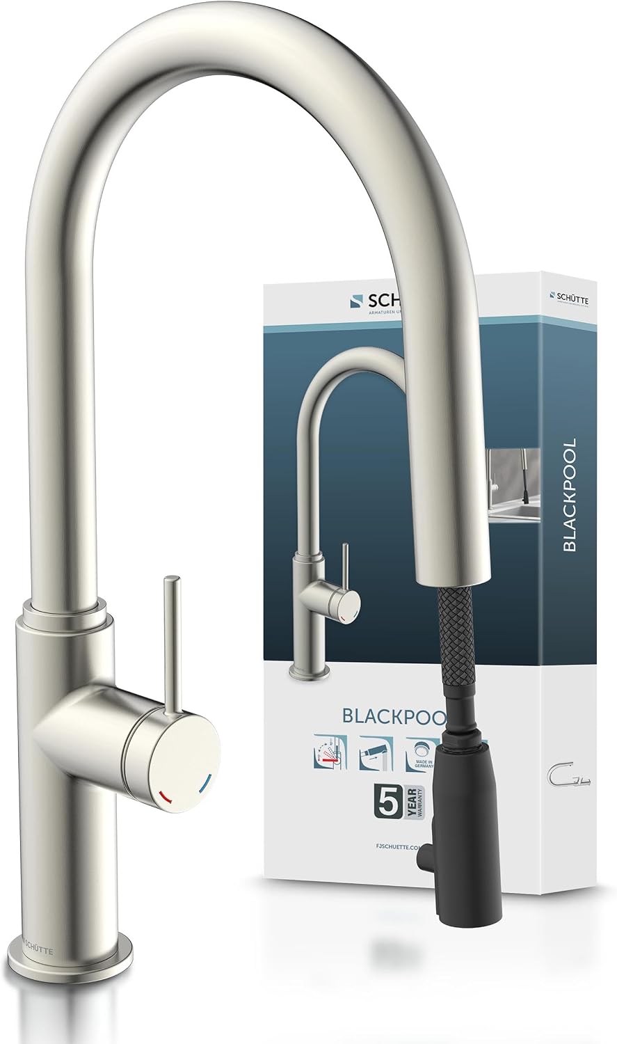 SCHÜTTE 79526 Blackpool Kitchen Tap with Pull-Out Dish Rinser 360 Degree Tap for Kitchen Mixer Tap with Single Lever Mixer Sink Mixer Tap with Extendible Shower in Stainless Steel
