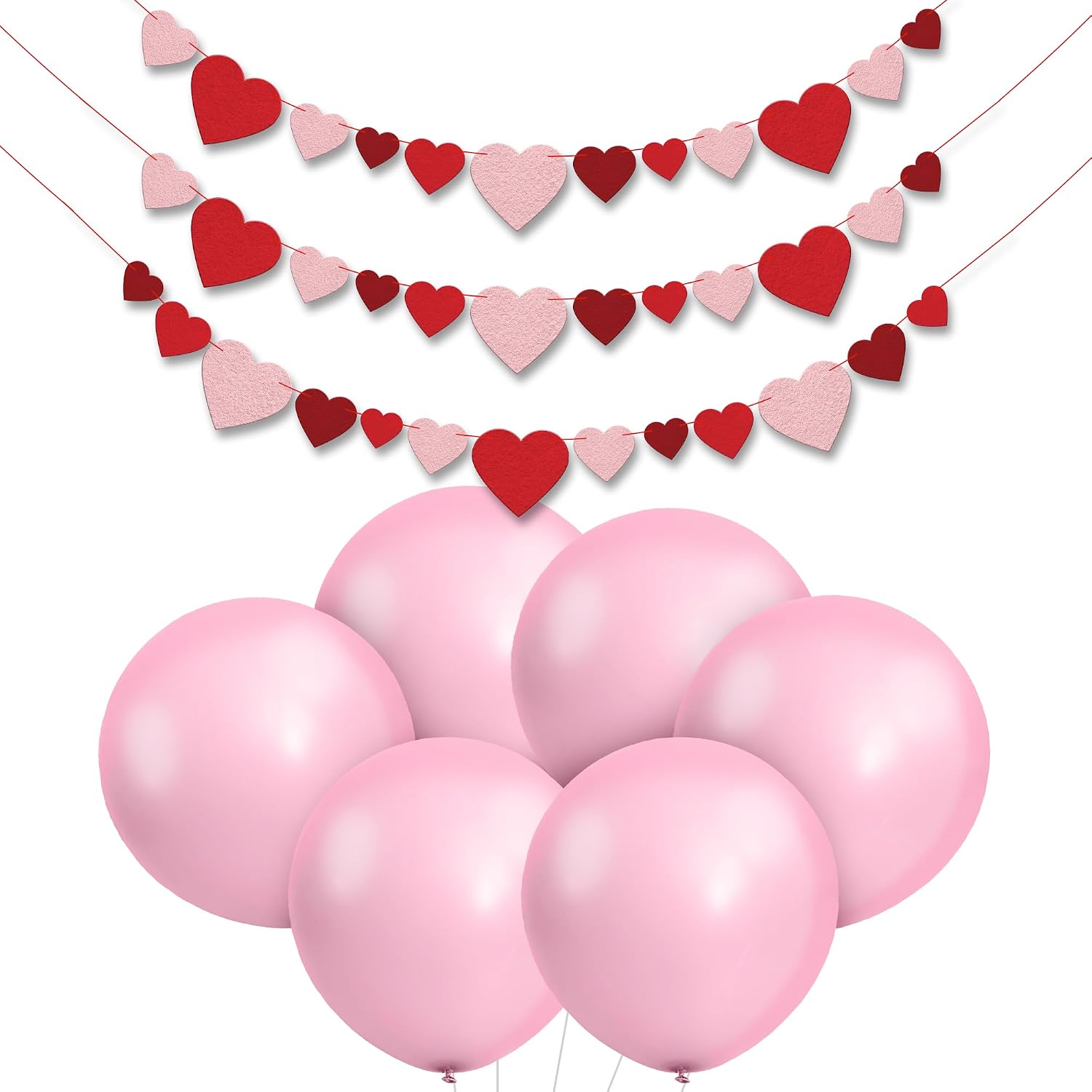 KatchOn, Felt Valentines Day Garland - 3 String, 8.2 Feet | Pink Balloons for Galentines Day Decorations - 18 Inch, Pack of 15 | Red Heart Garland, Valentines Day Decorations | Pink Balloons for Arch