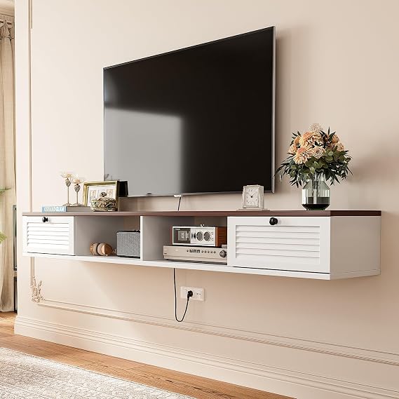 140cm Walnut & White Floating TV Unit, 2 Doors & 2 Open Cabinets