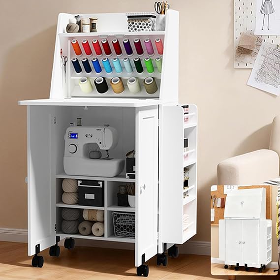 Foldable Sewing Cabinet with Power Outlet, Rolling Sewing Table with Storage and Lockable Wheels, Portable Folding Craft Table with Side Thread & Tool Storage for Quilting & Home Sewing (White)