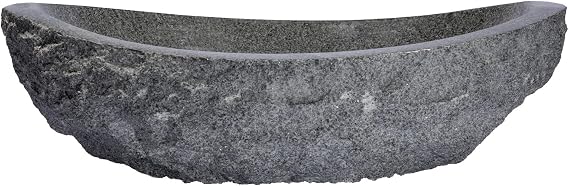 Padang Dark Granite Canoe Vessel Sink Stone Basin with Polished Bowl & Chiseled Exterior
