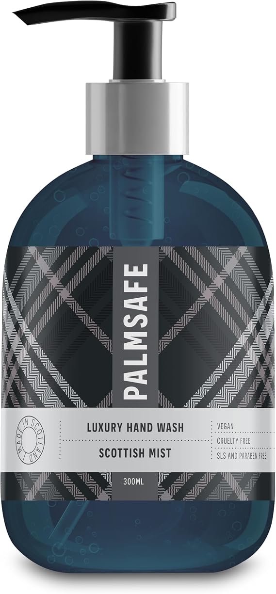 Palm Safe Scottish Mist 300ml Luxury Hand Wash Soothing Hand Cleanser Hydrates Sensitive or Irritated Skin 300ml Pump Bottle with Natural Bioactives to Nourish and Moisturise Vegan-friendly