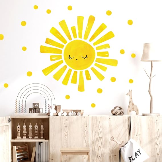 Large Sun Wall Decal 37 Pcs Yellow Sunshine Stickers with Small Polka Dot Watercolour Boho Sunlight Wall Decals for Nursery Bedroom Playroom Kids Room Decor