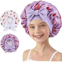 Print Satin Sleep Bonnet for Kids with Curly Hair - Adjustable Elastic Band Night Cap for Toddlers, Skin-Friendly Breathable Hair Protection with Decorative Bow