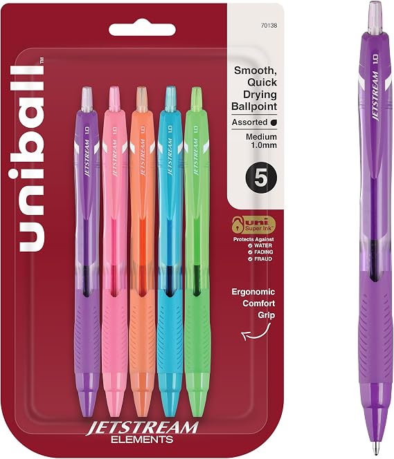 uniball Jetstream Elements Ballpoint Pens, Medium Point (1.0mm), Assorted Ink, 5 Pack