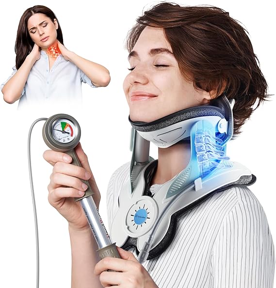 Cervical Neck Traction Device: Neck Stretcher for Cervical Pain Relief, Manual Air Pump with 3 Power Traction for Neck Decompression and Tension Relief (B: Gray (Hand-Pump Airbag))
