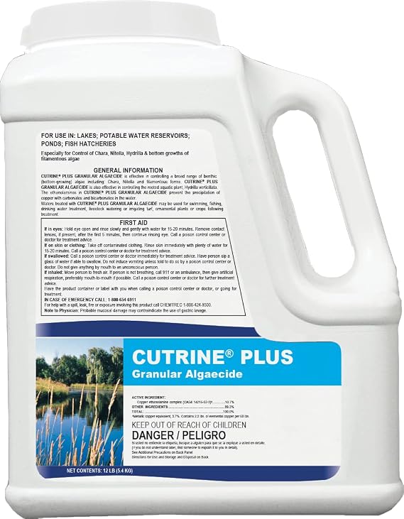 Cutrine-Plus Granular Algaecide - 12 lbs EPA-Approved Copper Formula for Spot Treatment of Chara, Filamentous and Planktonic Algae - Fast-Acting, Safe for Lakes, Ponds, Livestock and Irrigation Use