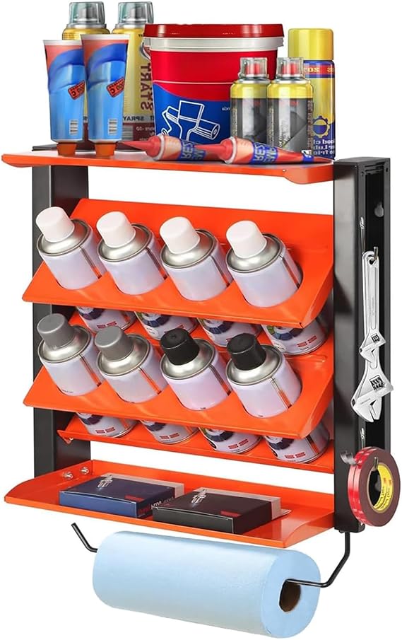Spray Can Holder, Wall Mount Paint Bottle Organizer 8 Holes & 2 Shelves