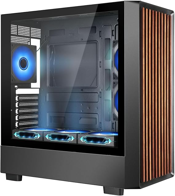 Mid Tower Gaming PC Case Dual Chamber Tempered Glass Side Panel - Walnut Wood Front - Six 120mm ARGB PWM Fans Included - Meshify High Airflow 360MM RAD Support for ATX/mATX/ITX Motherboards Black